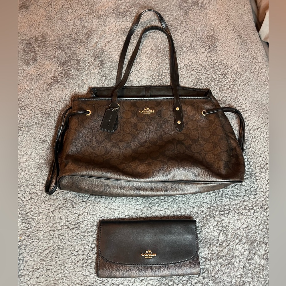 Coach Signature Brown Canvas Tote Bag WITH Matching Wallet